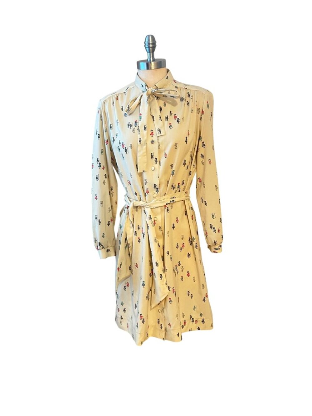 Vintage Lanvin Paris Novelty Print Bow Tie Shirt Dress 1970s Beige 12 Fits 8